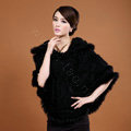 Women's Genuine Knitted Twisted Rabbit Fur Poncho Winter Warm Wraps Hooded Shawls - Black