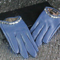 Fashion Women Crystal Genuine Leather Sheepskin Half Palm Short Gloves Size S - Purple