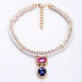 Crystal Gemstone White Pearl charm Pendant Woven rope Choker Statement Necklace Women Jewelry