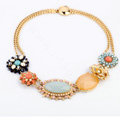 Luxury Crystal Blue Gemstone Alloy Flower Pendant Choker Bib Statement Necklace Women Jewelry