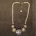 Luxury Crystal Pearl Alloy Flower Pendant Choker Bib Statement Necklace Women Jewelry - White