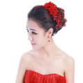 Unique Bride Jewelry Red Lace Flower Crystal Bridal Cheongsam Hair Headband Wedding Accessories