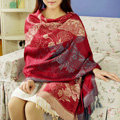 Hot sell Extra large Jacquard Tassels Cape Floral Print Stripes Shawl National Style Warm Long Scarf - Red