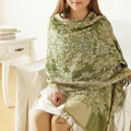 Unique Extra large Jacquard Tassels Cape Floral Print Shawl National Style Warm Long Scarf - Green