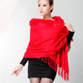 Classic Solid Color Wool Shawls Rex Rabbit Fur Scarf Women Winter Thicken Pashmina Cape - Red
