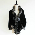 Genuine Wool Shawls Fox fur Thicken Scarf Women Winter Warm Solid Color Pashmina Poncho - Black