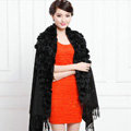 Genuine Wool Shawls Rabbit Fur Ball Thicken Scarf Women Winter Warm Solid Color Pashmina Cape - Black