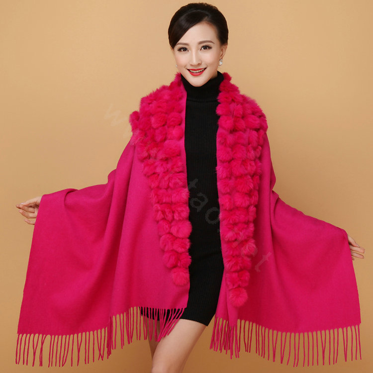 Buy Wholesale Genuine Wool Shawls Rabbit Fur Ball Thicken Scarf Women ...