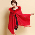 Luxury Long Wool Diamond Shawls Racoon Dog Fur Scarf Women Winter Thicken Tassels Poncho - Red