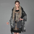 Top Grade Jacquard Peony Wool Shawls Whole Fox Fur Scarf Women Pashmina Thicken Tassels Cape - Gray