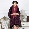 Top Grade Jacquard Weave Wool Shawls Whole Fox Fur Scarf Women Pashmina Thicken Tassels Cape - Purple