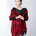 Top Grade Jacquard Weave Wool Thicken Shawls Rex Rabbit Fur Scarf Women Pashmina Cape - Red