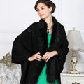 Top Grade Solid Color Wool Shawls Rex Rabbit Fur Collar Scarf Women Thicken Tassels Cape - Black