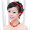 Classic Wedding Jewelry Sets for Bridal Red Crystal Flowers Tiara & Earrings & Rhinestone Necklace