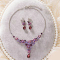High Quality Fashion Wedding Jewelry Sets Flower Purple Crystal Earrings & Bridal Pendant Necklace