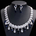 Luxury Banquet Wedding Jewelry Sets Tassel Blue Water-drop Diamond Stud Earrings & Bridal Zircon Statement Necklace
