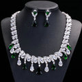 Luxury Banquet Wedding Jewelry Sets Tassel Green Water-drop Diamond Stud Earrings & Bridal Zircon Statement Necklace