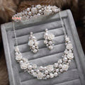 Luxury Wedding Banquet Jewelry Sets Porcelain Flower Crystal Tiara & Earrings & Bridal Pearl Necklace
