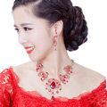 Unique Fashion Wedding Jewelry Sets Red Crystal Flower Earrings & Bridal Tassel Rhinestone Necklace