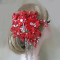 Vintage Tassel Crystal Bridal Hairwear Red Lace Flower Hair Headband Wedding Hair Accessories