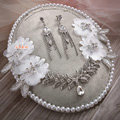 Elegant Alloy Rhinestone Crystal Lace Flower Headband Tassel Earrings Set Bridal Wedding