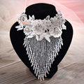 Elegant Shining Rhinestones Crystal Lace Flower Tassel Shoulder Deco Necklace Wedding Bridal Jewelry