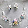 Elegant Wedding Jewellery Colour Porcelain Flower Crystal Rhinestone Bridal Necklace Earrings Sets
