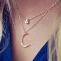 European Fashion Simple Women Double layer Diamond Moon Gold-plated Necklace Clavicle Chain