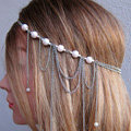 Fashion Personality Woman Bohemia Silver Alloy Pearl Tassel Chain Headband Hair Accessories