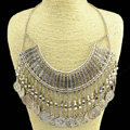 Fashion Retro Exaggeration Women Silver Gold-plated Metal Carved Tassel Coin Necklace Clavicle Chain