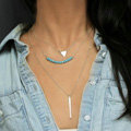 Fashion Retro Women Gold-plated Triangular Metal Bar Turquoise Three layer Necklace Clavicle Chain