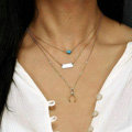 Fashion Women Gold-plated Multi layer Turquoise Wish bone Metal Sequins Necklace Clavicle Chain