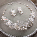 High-end Wedding Lace Flower Crystal Bead Rhinestone Freshwater Pearl Bridal Necklace Earrings Sets