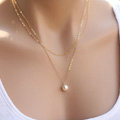 High quality Fashion Women Double layer Metal Pearl Gold-plated Necklace Clavicle Chain