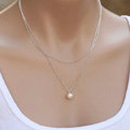 High quality Fashion Women Silver Double layer Metal Pearl Gold-plated Necklace Clavicle Chain
