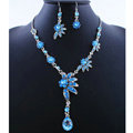High quality Wedding Bridal Jewelry Alloy Water drops Flower Blue Rhinestone Necklace Earrings Set