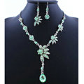 High quality Wedding Bridal Jewelry Alloy Water drops Flower Green Rhinestone Necklace Earrings Set