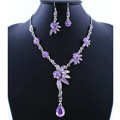 High quality Wedding Bridal Jewelry Alloy Water drops Flower Purple Rhinestone Necklace Earrings Set