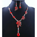 High quality Wedding Bridal Jewelry Alloy Water drops Flower Red Rhinestone Necklace Earrings Set