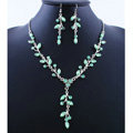 High quality Wedding Bridal Jewelry Long Alloy Leaves Green Rhinestone Pendant Necklace Earrings Set