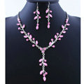 High quality Wedding Bridal Jewelry Long Alloy Leaves Pink Rhinestone Pendant Necklace Earrings Set
