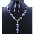 High quality Wedding Bridal Jewelry Long Alloy Leaves Purple Rhinestone Pendant Necklace Earrings Set