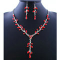 High quality Wedding Bridal Jewelry Long Alloy Leaves Red Rhinestone Pendant Necklace Earrings Set