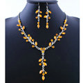 High quality Wedding Bridal Jewelry Long Alloy Leaves Yellow Rhinestone Pendant Necklace Earrings Set