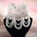 Luxury Pearl Rhinestones Crystal Lace Flower Tassel Shoulder Deco Necklace Wedding Bridal Jewelry