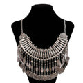 Luxury Retro Exaggeration Women Silver Plated Carved Metal Multi layer Tassel Coin Necklace Clavicle Chain