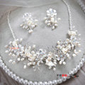 Luxury Wedding Jewellery Porcelain Pearl Flower Crystal Rhinestone Bridal Necklace Earrings Sets