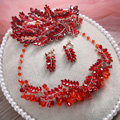 Luxury Wedding Jewellery Red Crystal Beads Flower Rhinestone Bridal Headband Earrings Necklace Sets