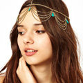 Retro Bohemia Woman Turquoise Alloy Multilayer Waves Tassel Chain Headband Hair Band Accessories