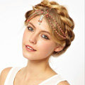 Retro Fashion Woman Orange Beads Crystal Pendant Alloy Multilayer Tassel Chain Headband Hair Accessories
